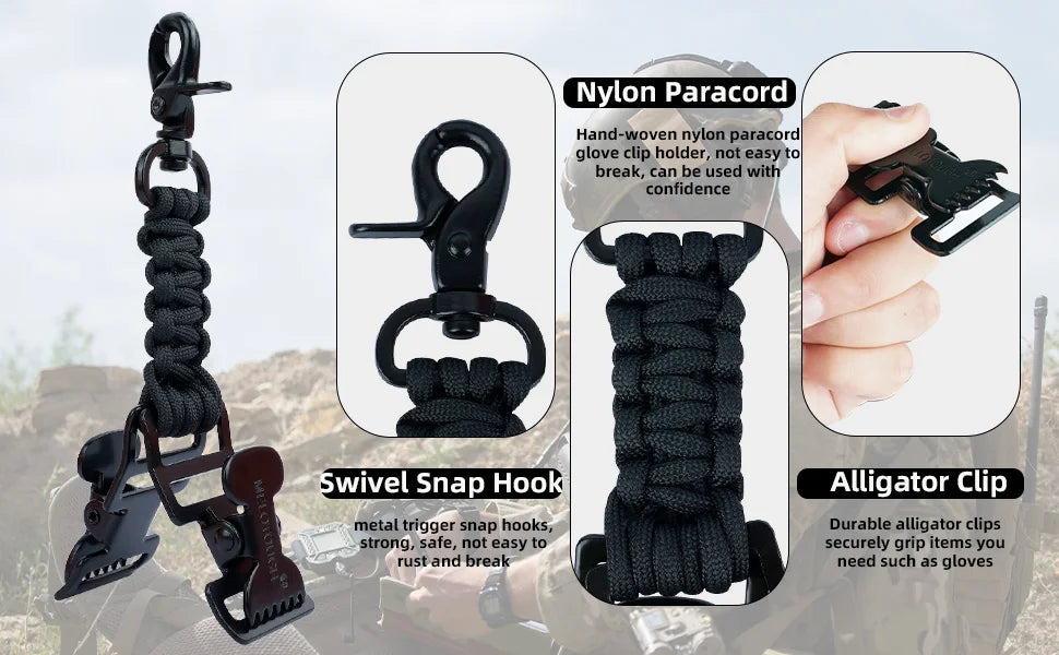 Clips tácticos variados, incluyendo un sujetador de cordón de paracord de nylon y una pinza de caimán para asegurar objetos.