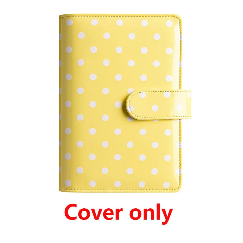 Yellow polka dot PU leather binder wallet with a clear plastic cover and card holder.