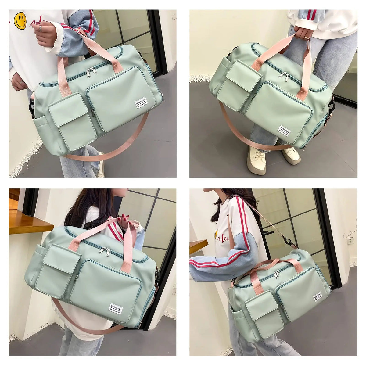 A light mint green waterproof travel duffle bag with a shoe compartment shown in various angles.