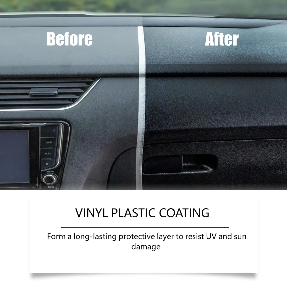 Before and after comparison of vinyl plastic coating applied to a car interior panel.