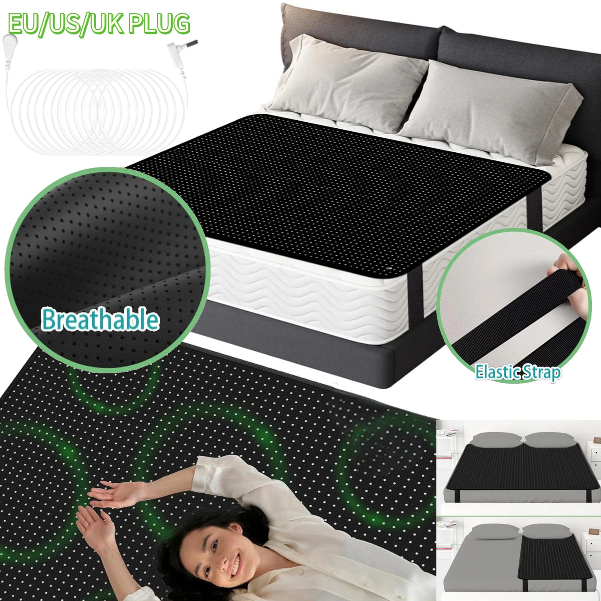 Un coussin de sol conductive noir avec sangle élastique et fiche, montré à côté d'une personne qui l'utilise.