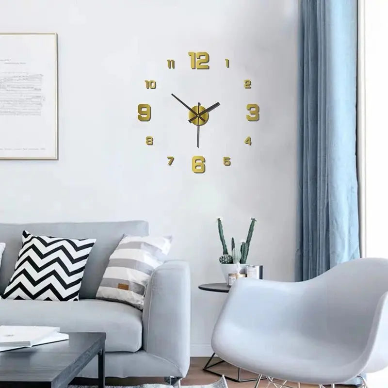 A modern living room features a white wall with a gold-toned clock and a gray sofa, next to a window with blue curtains.