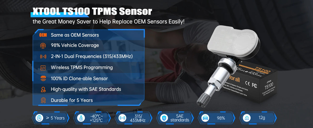 A close-up of an XTOOL TS100 TPMS sensor and related components, highlighting its features for easy replacement of OEM sensor