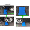 Demonstration of a high-density foam kneeling pad being rolled on a car tire for quality testing.