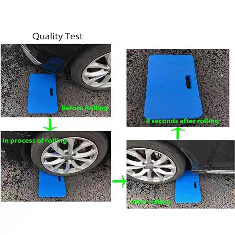 Demonstration of a high-density foam kneeling pad being rolled on a car tire for quality testing.