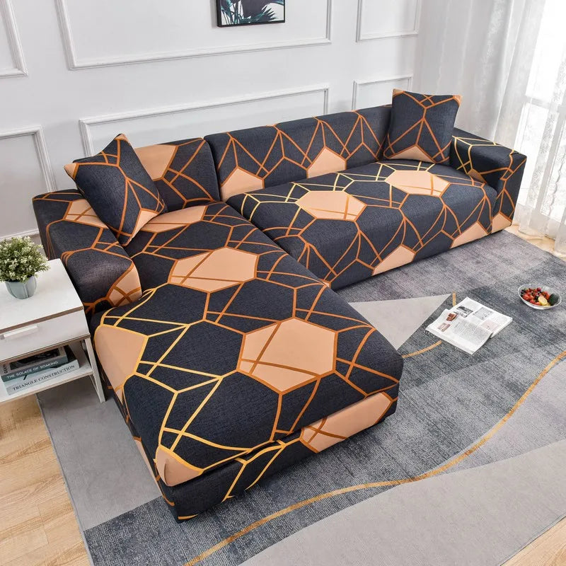 Printed L-Shape Sofa Cover with Elastic Edge