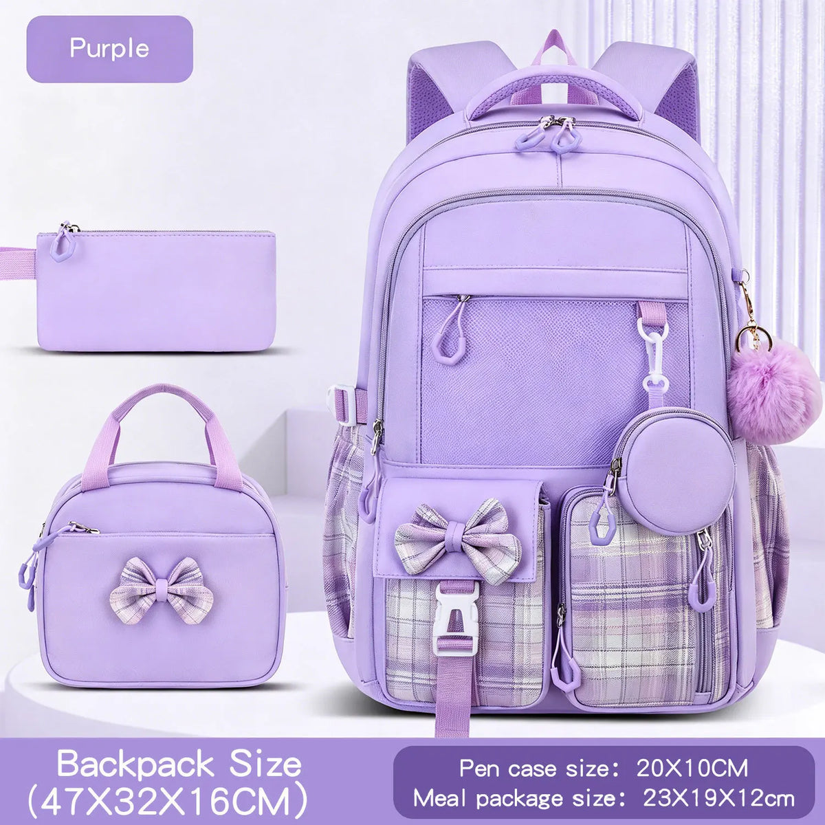 Purple backpack set featuring a main backpack, a separate pencil case, and a small pouch with a plaid pattern.