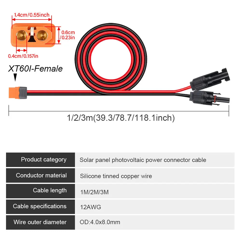 A red and black XT60I-Female power connector cable with a solar panel adapter for photovoltaic power connection.