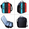 A set of three black and colored backpacks for kids, including a gaming console bag, a lunch bag, and a pencil case.