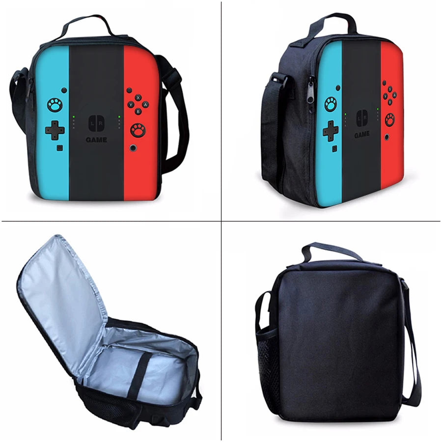 A set of three black and colored backpacks for kids, including a gaming console bag, a lunch bag, and a pencil case.
