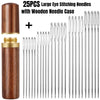 A set of 25 large eye stitching needles with a wooden needle case