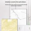 Mockup of imitation ceramic tile wall stickers showing marble and yellow stone textures for home renovation