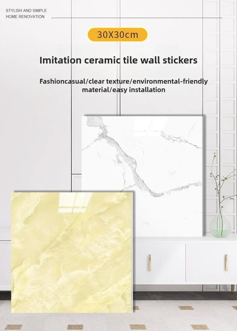 Mockup of imitation ceramic tile wall stickers showing marble and yellow stone textures for home renovation