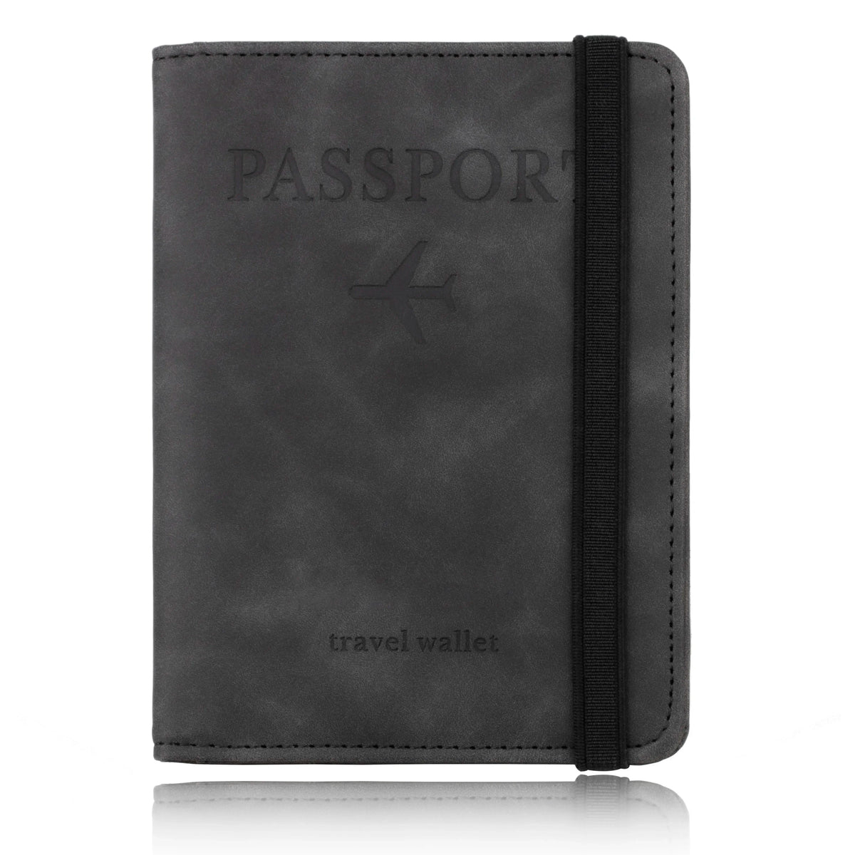A black leather passport wallet or travel wallet with a vertical black strap.