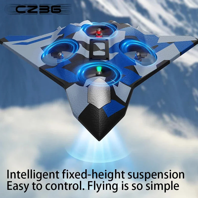 A blue and gray EPP foam RC stunt glider airplane with intelligent fixed-height suspension flying against a cloudy sky.