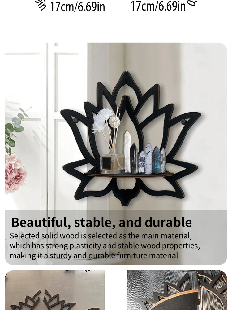 Handcrafted Lotus Wooden Wall Shelf with Cutout Design