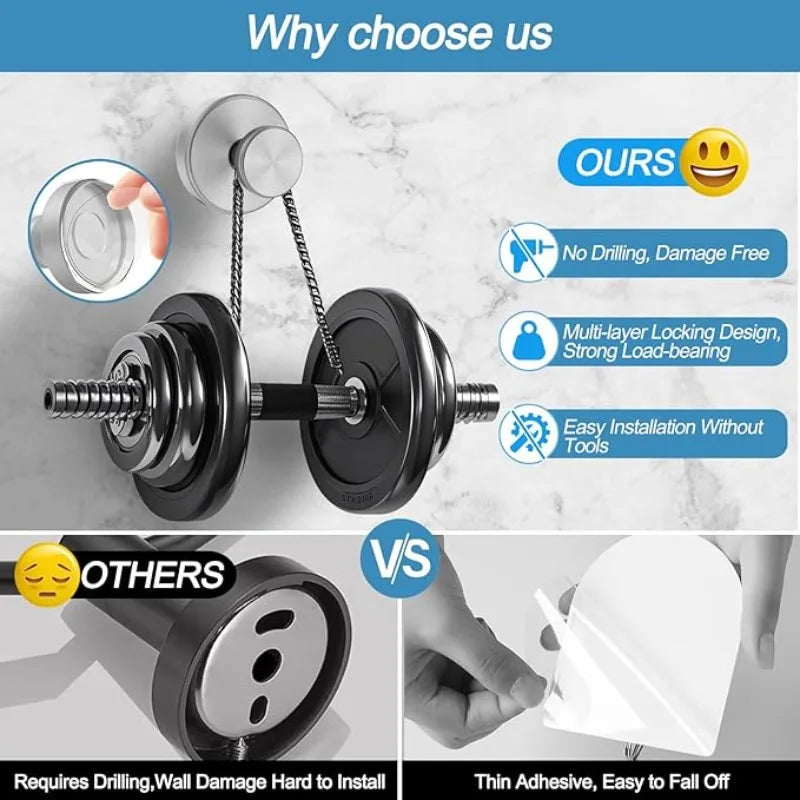 Two rustproof stainless steel suction cup hooks shown with installation instructions and comparison to other products.