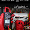 A hand holds a black digital clamp meter with a red handle, demonstrating its anti-burning protection feature near electrical