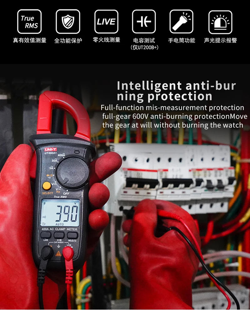 A hand holds a black digital clamp meter with a red handle, demonstrating its anti-burning protection feature near electrical