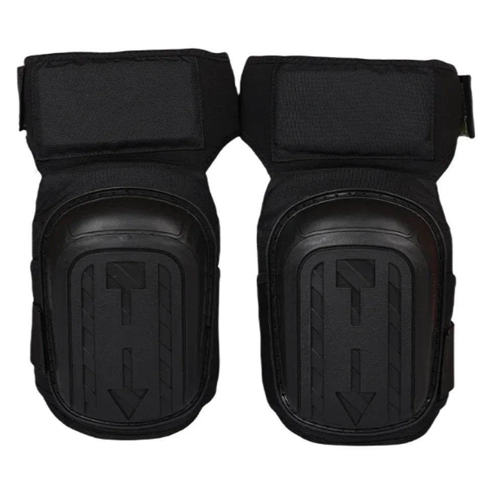 A pair of black heavy-duty gel knee pads with adjustable straps.