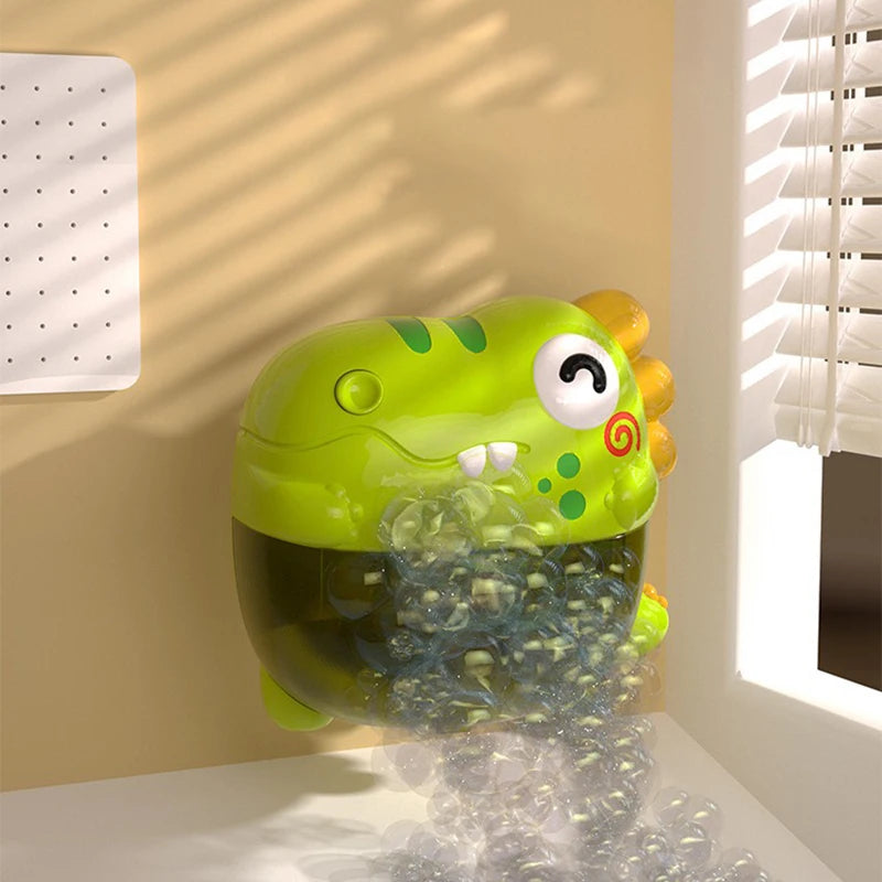A bright green dinosaur bubble machine is shown splashing water and bubbles in a bathroom setting.