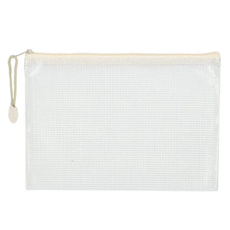 A set of ten white mesh zipper bags for classroom and craft organization.