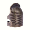 Vintage metal sewing thimble with a finger protector ring, dark bronze color.