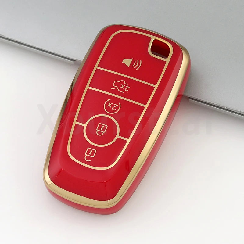 Red TPU car key fob cover case with multiple buttons and a gold trim.