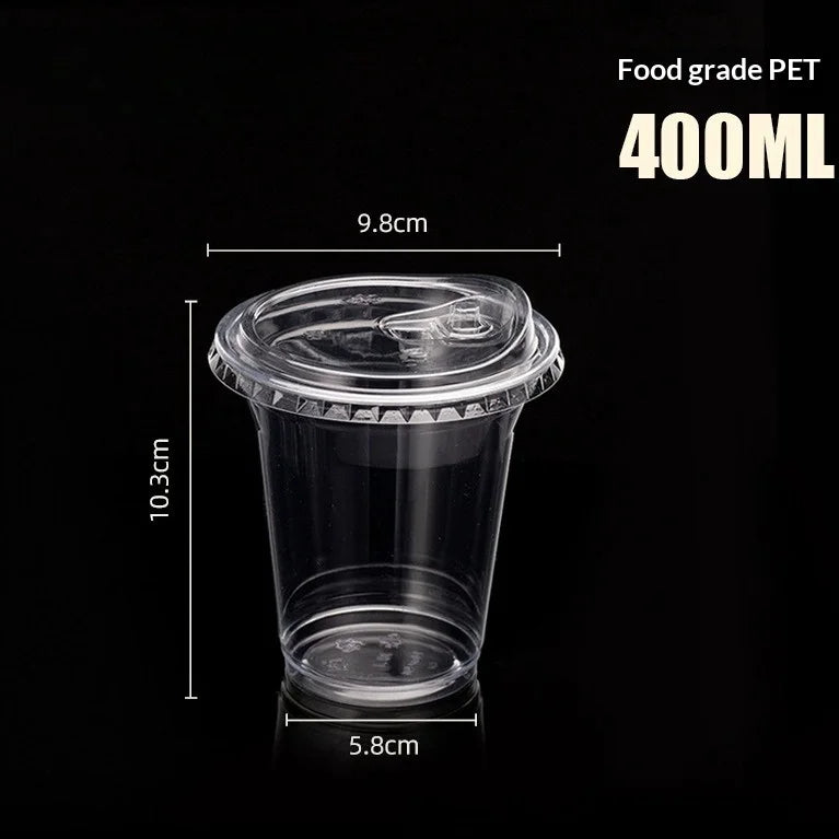 Clear food grade PET disposable cup with lid, measuring 9.8cm in height and 5.8cm in diameter.