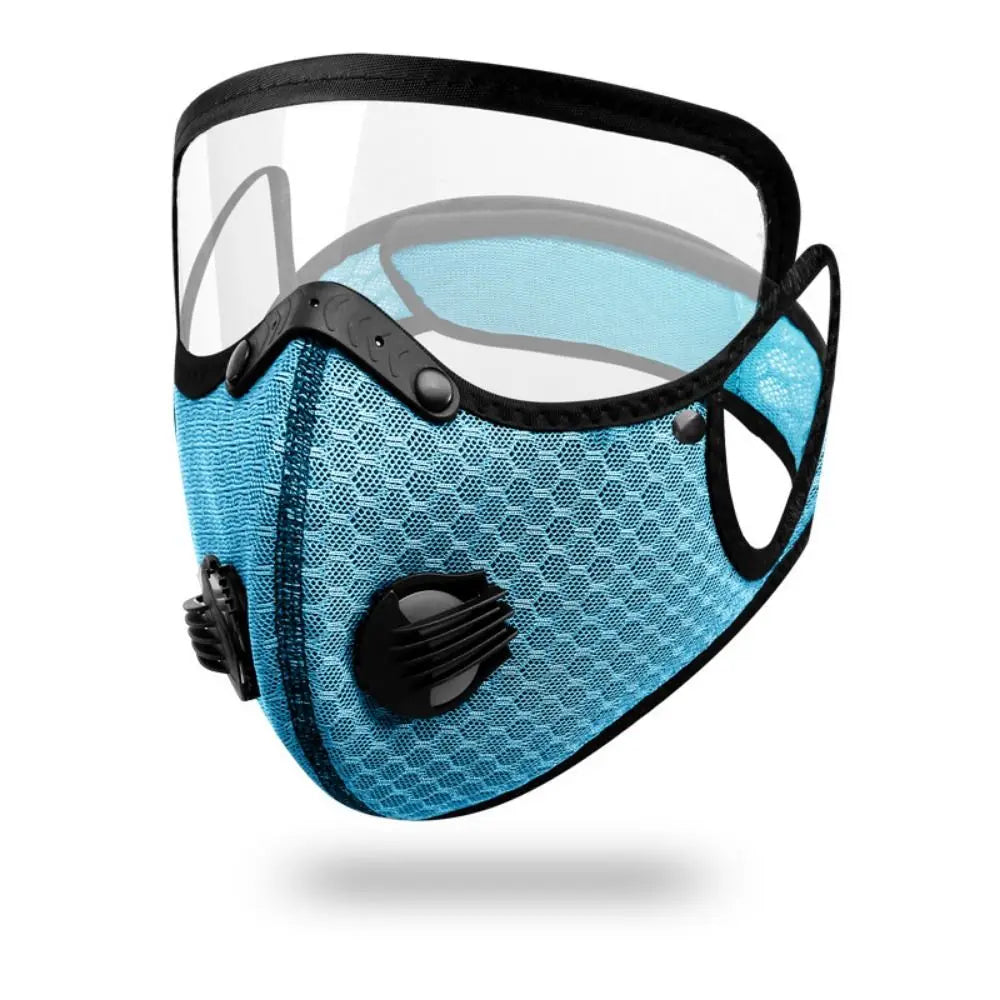A blue mesh cycling face mask with a clear shield and black trim.