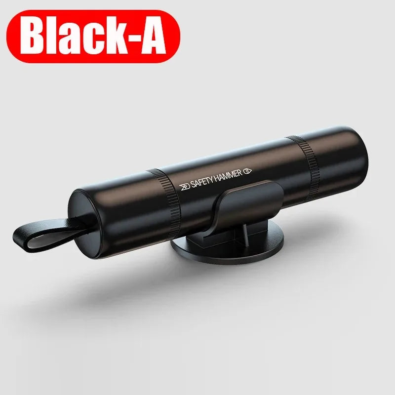 A black safety hammer tool used for emergency window breaking or seatbelt cutting.