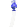 A clear plastic fuel tank breather valve with a blue threaded cap and silicone tube.
