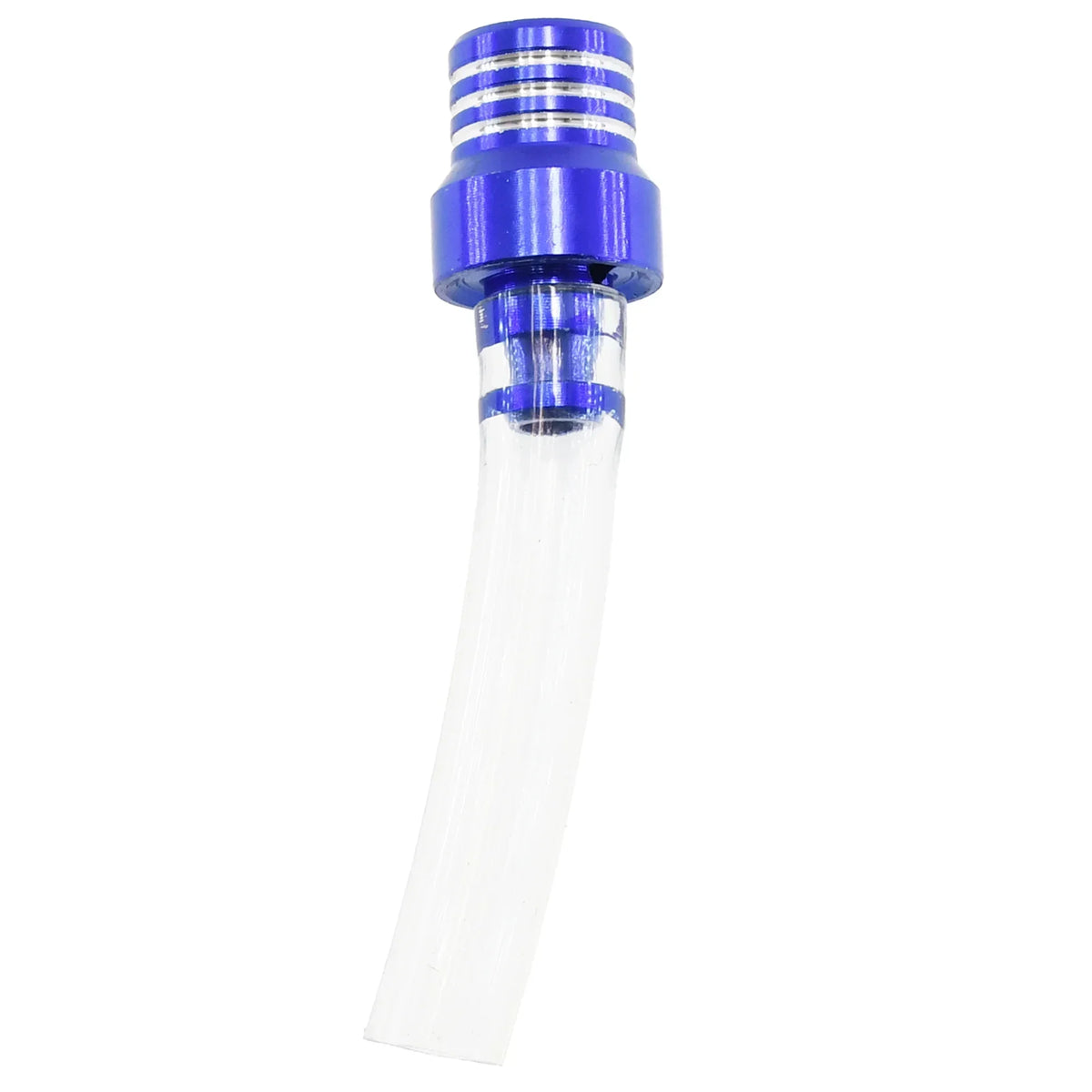 A clear plastic fuel tank breather valve with a blue threaded cap and silicone tube.