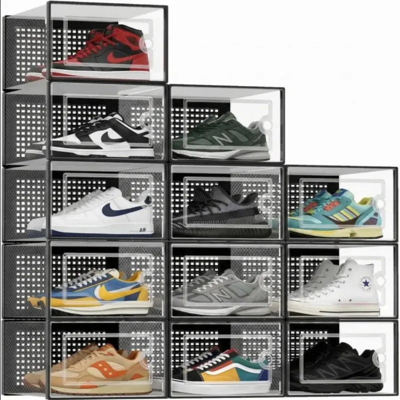 A grid of twelve clear plastic storage boxes holding various sneakers and shoes.