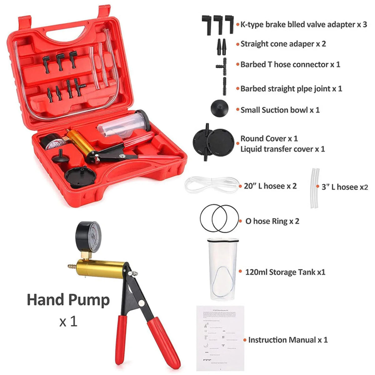Red professional brake bleeder and vacuum pump kit with gauge including adapters hoses and storage tank