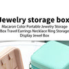 A light pink PU leather jewelry storage box with a hinged lid shown in a close-up view.