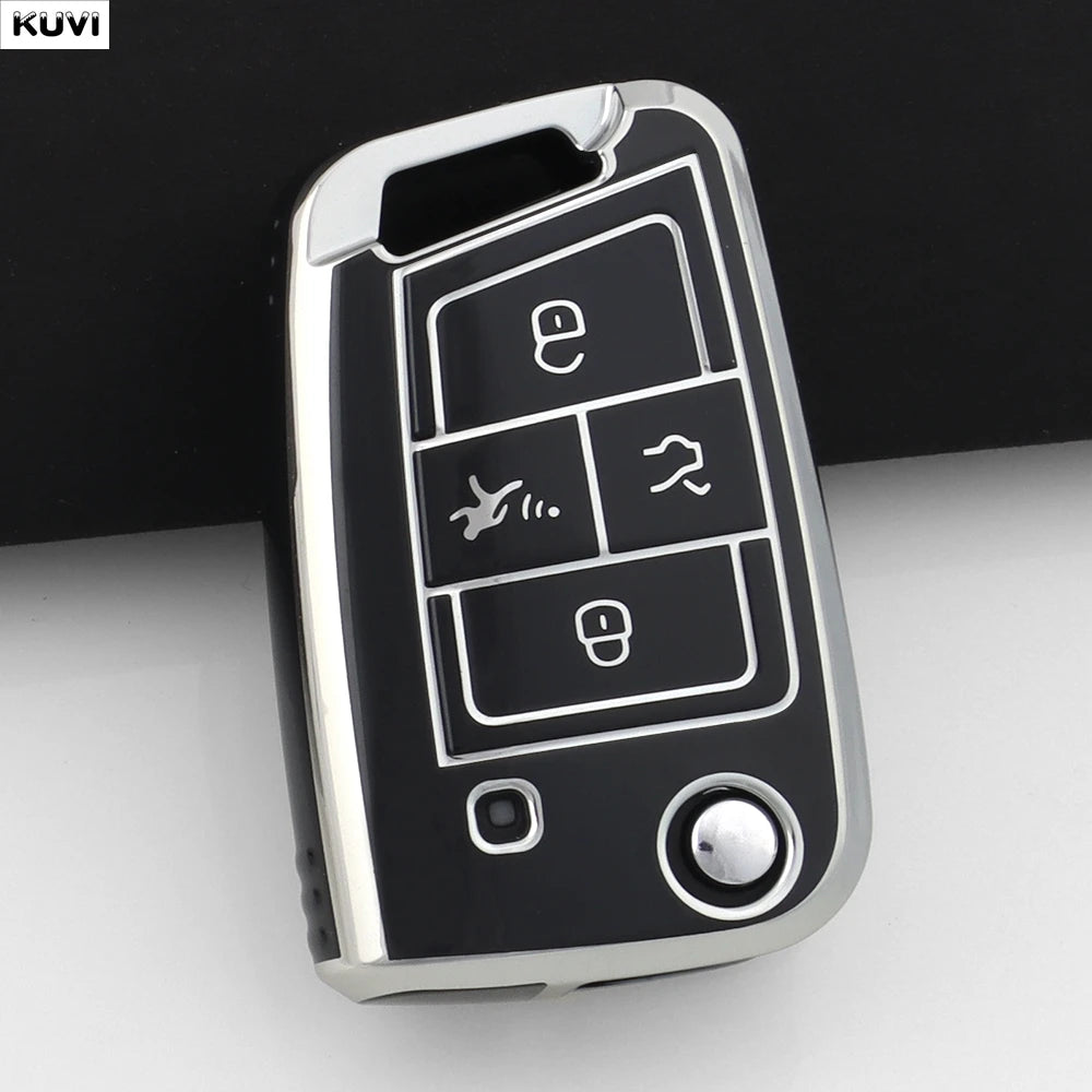 A close-up view of a durable TPU car key cover for VW, SEAT & Skoda models with various cutouts and a silver button.