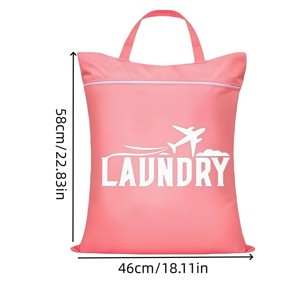 A pink laundry bag featuring a white airplane graphic and the word LAUNDRY printed on it.