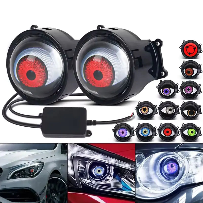 A pair of 3-inch dynamic devil eye LED headlights with remote control and multiple color options.