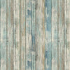 Vertical weathered wood grain wallpaper featuring pale blue and gray tones.