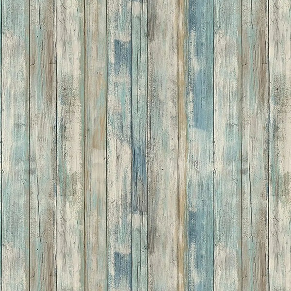 Vertical weathered wood grain wallpaper featuring pale blue and gray tones.