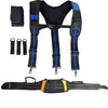 Black and blue adjustable tool belt and suspenders with lumbar support and attached straps