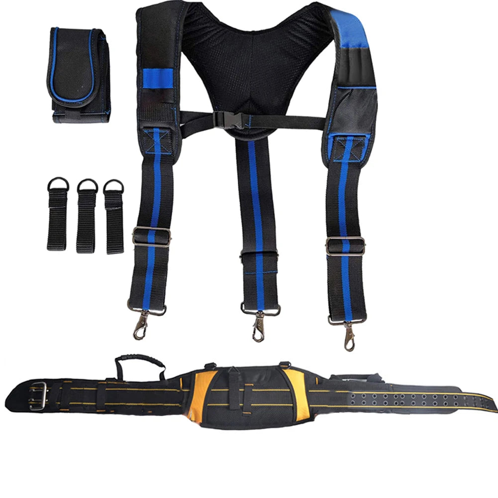 Black and blue adjustable tool belt and suspenders with lumbar support and attached straps