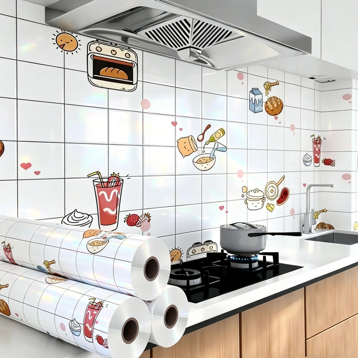 Rolls of self-adhesive marble contact paper for kitchen and bathroom surfaces displayed above a modern stainless steel range 