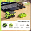 A green 1:64 scale remote control forklift model car with a trailer and accessories displayed on a wooden surface.