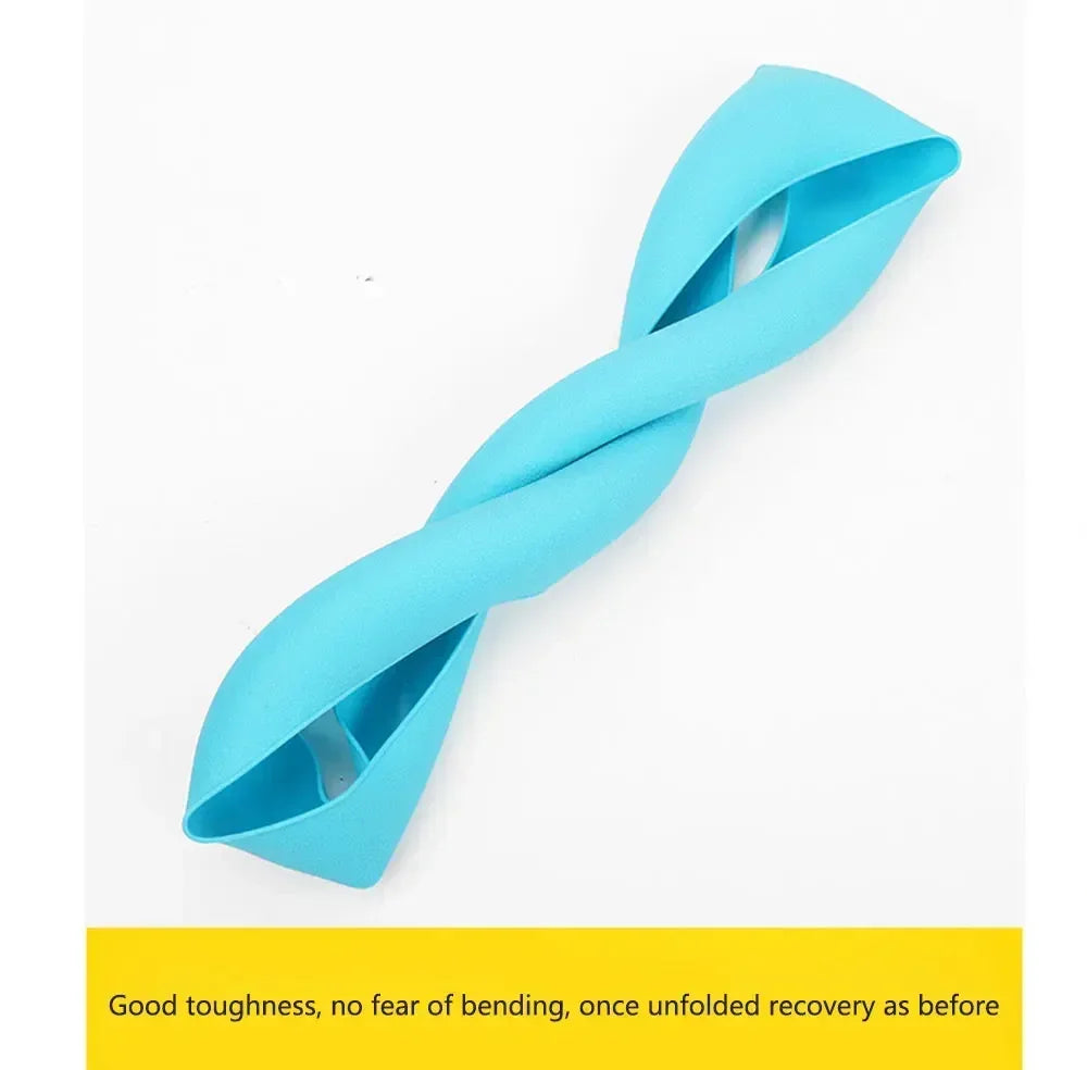 A bright blue silicone steering wheel cover shaped like a twisted rope.