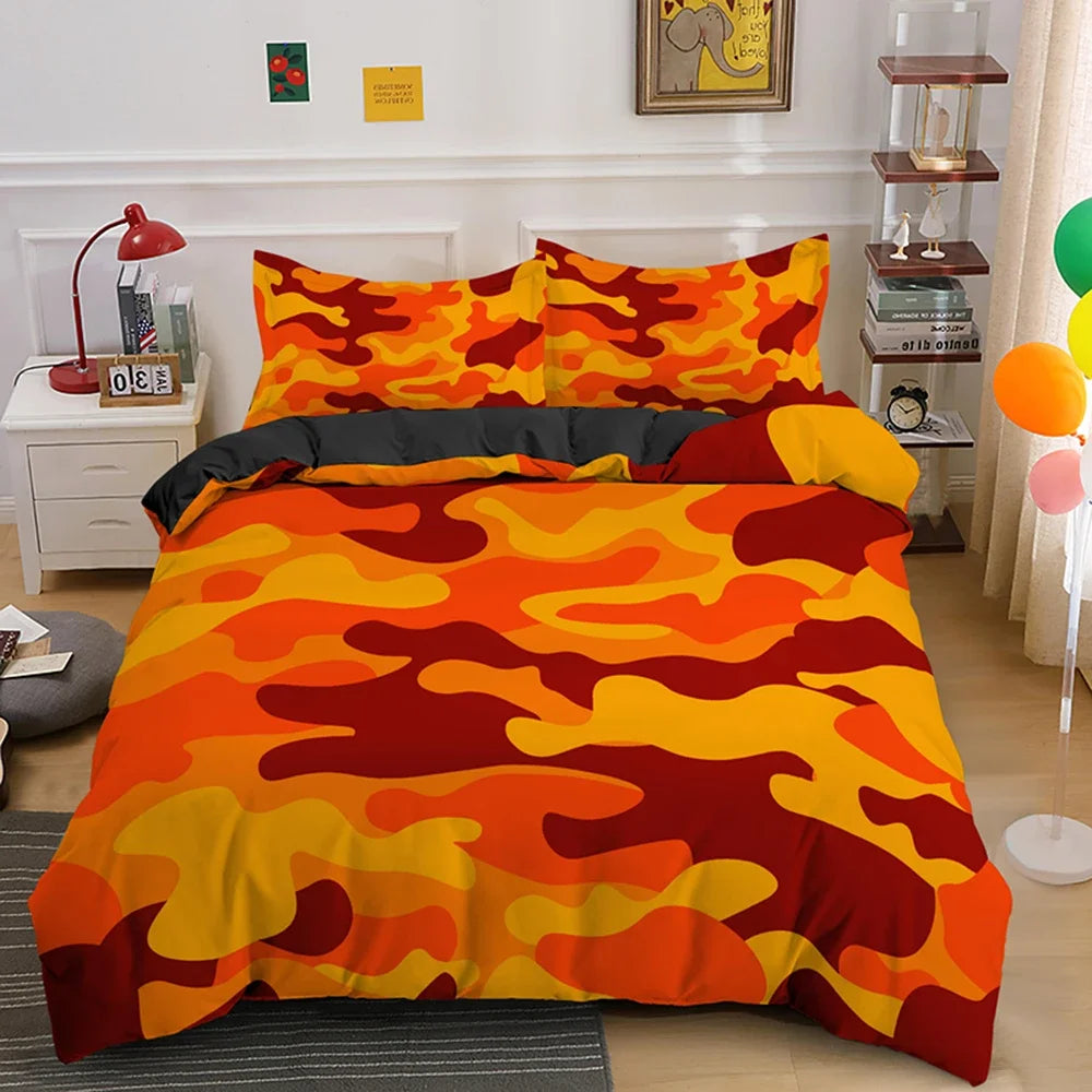 A vibrant camouflage duvet cover set featuring orange, yellow, and red patterns on a bed.