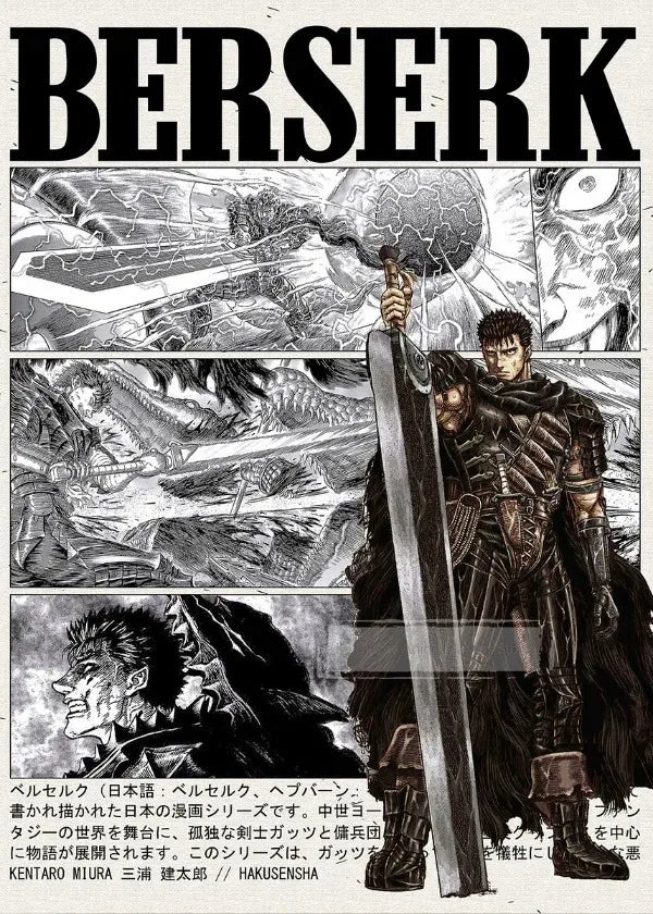A black and white illustration featuring a fierce warrior holding a sword against a background of chaotic, dark energy.