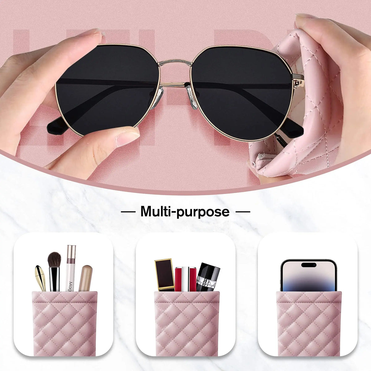 Soft PU Leather Squeeze Glasses Case with Multi-Functional Storage Pocket