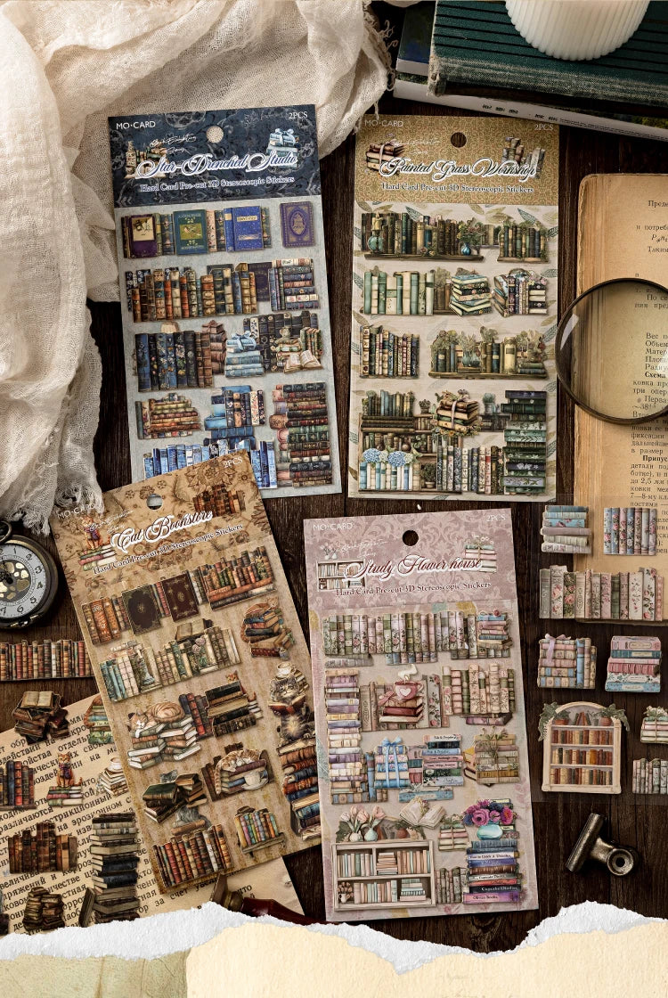 A collection of retro gallery 3D relief die-cut stickers for journaling and scrapbooking featuring various book and decorativ